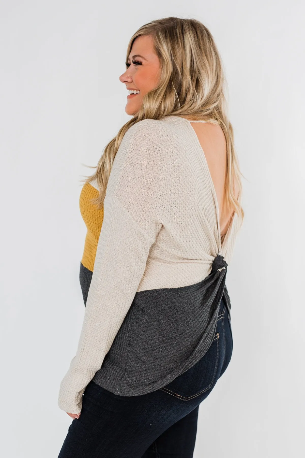Away We Go Color Block Waffle Knit Top- Mustard & Charcoal