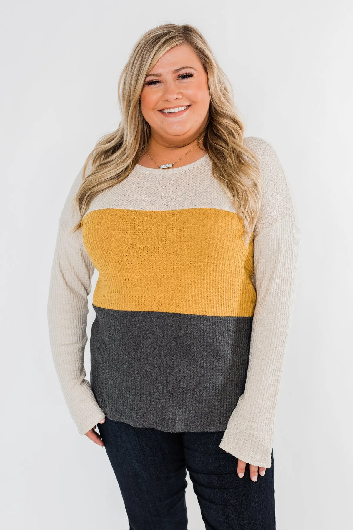 Away We Go Color Block Waffle Knit Top- Mustard & Charcoal