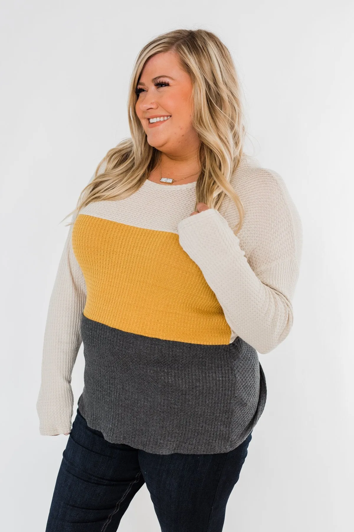 Away We Go Color Block Waffle Knit Top- Mustard & Charcoal