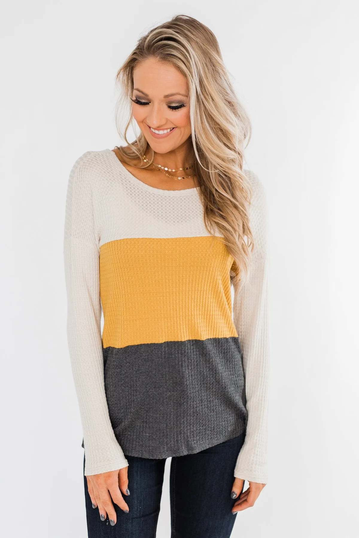 Away We Go Color Block Waffle Knit Top- Mustard & Charcoal
