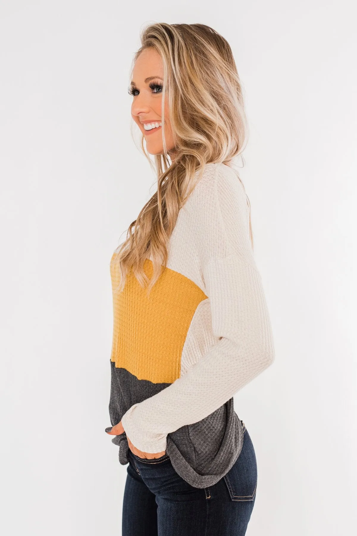 Away We Go Color Block Waffle Knit Top- Mustard & Charcoal