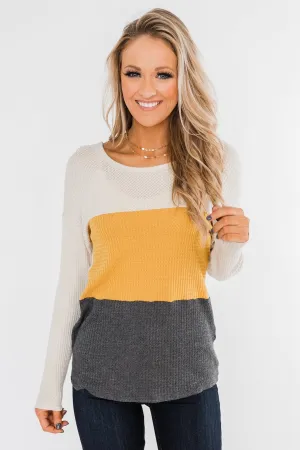 Away We Go Color Block Waffle Knit Top- Mustard & Charcoal