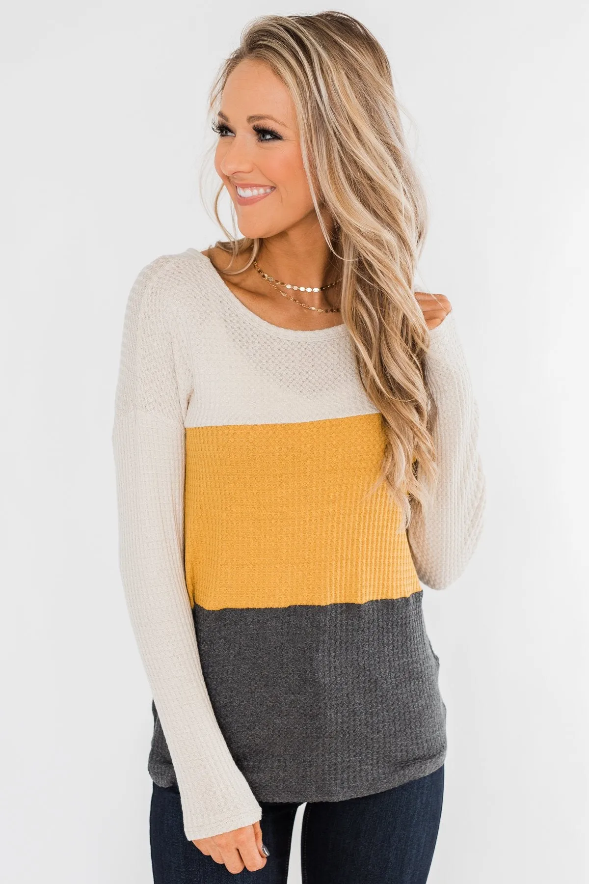 Away We Go Color Block Waffle Knit Top- Mustard & Charcoal