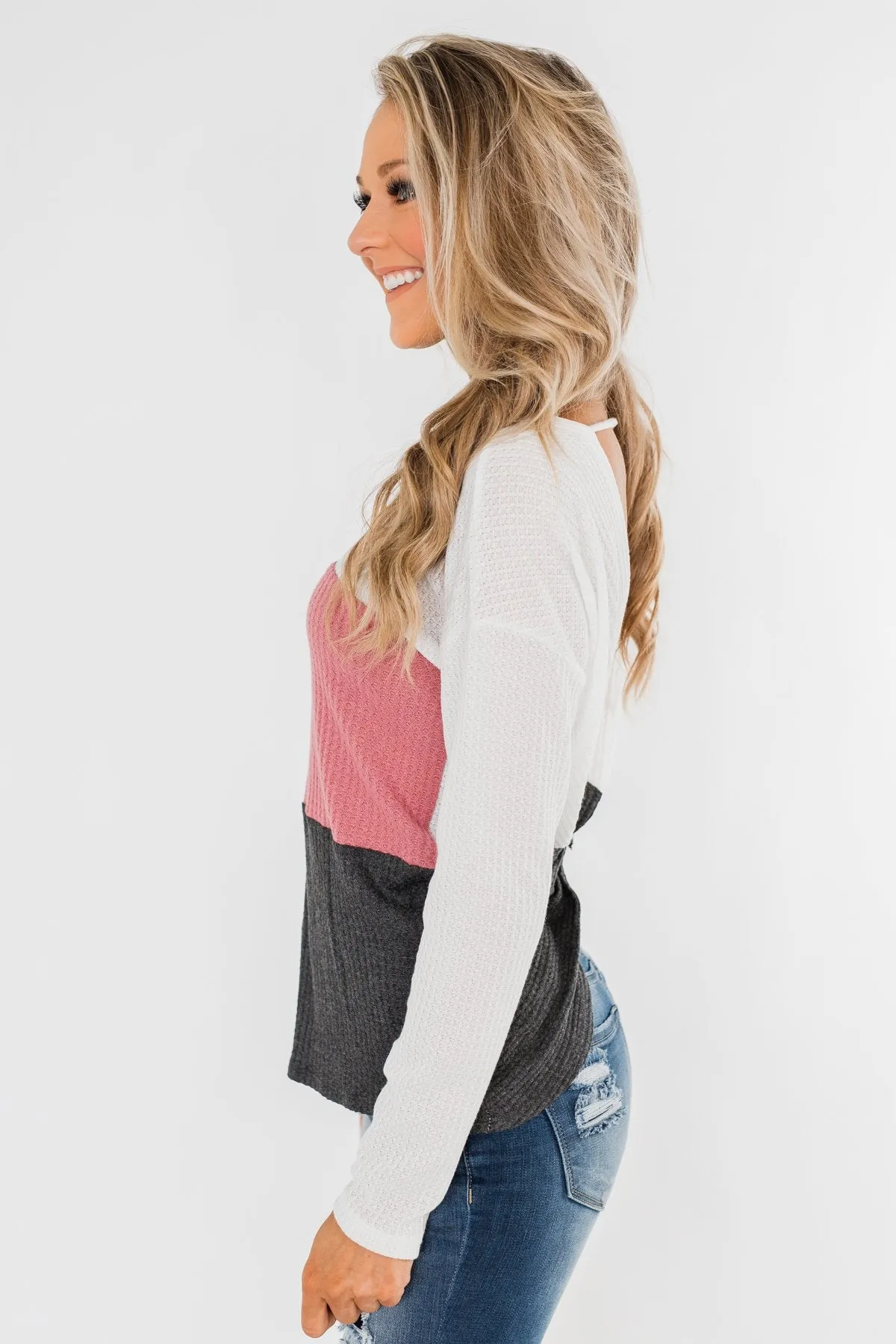 Away We Go Color Block Waffle Knit Top- Pink & Charcoal