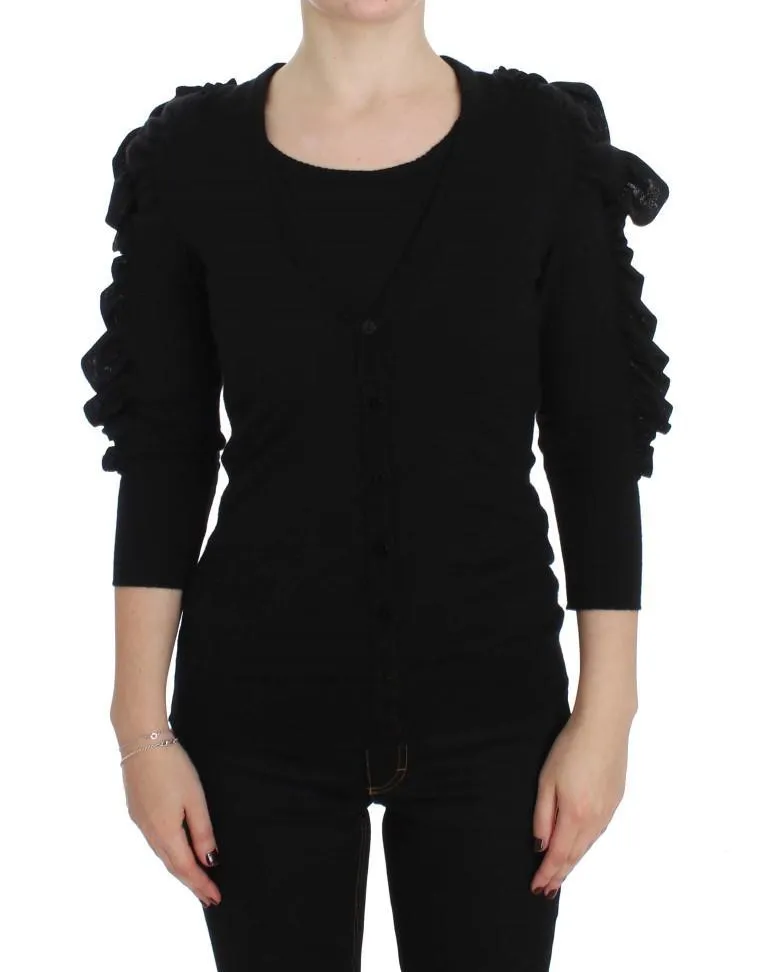 Black Cashmere Blend Ruffled Cardigan Sweater