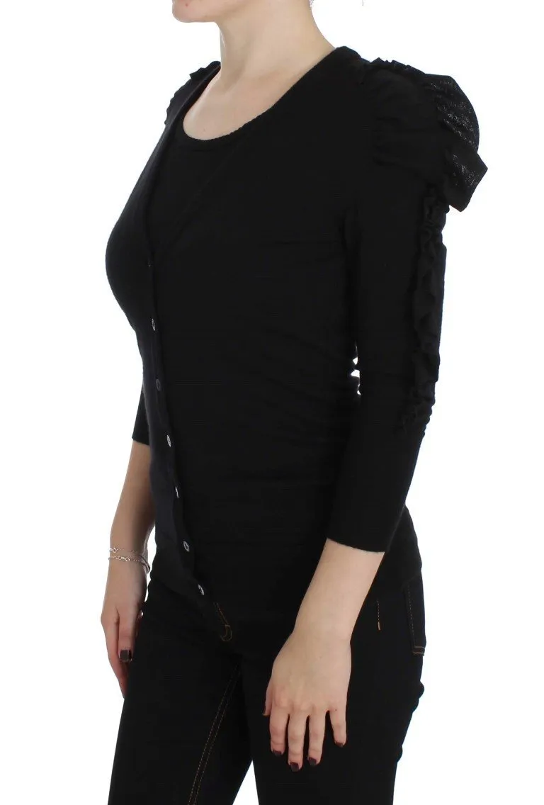 Black Cashmere Blend Ruffled Cardigan Sweater