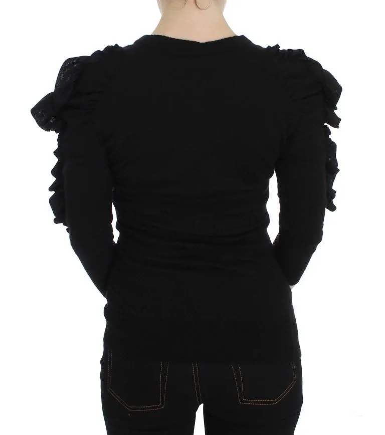 Black Cashmere Blend Ruffled Cardigan Sweater