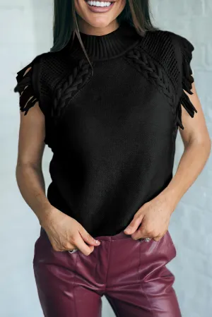 Black Woven Tasseled Sleeveless Mock Neck Knit Sweater