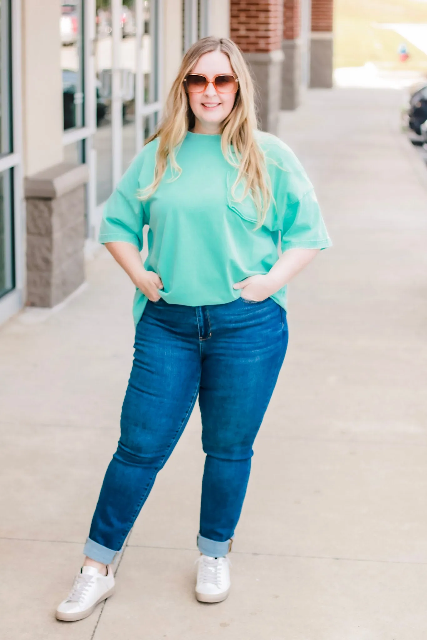 Call Me Casual Faux Pocket Tee in Aqua