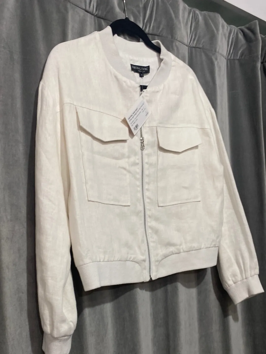 Central Park West White Light Weight Crew Neck Front Zip Two Pocker Bomber Jacket