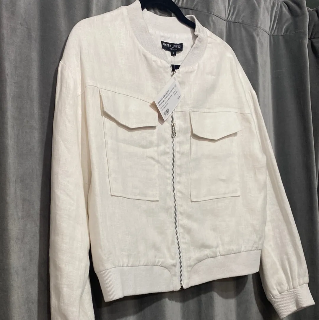 Central Park West White Light Weight Crew Neck Front Zip Two Pocker Bomber Jacket