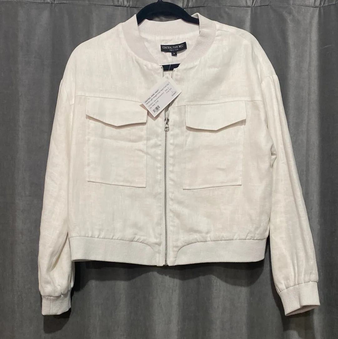 Central Park West White Light Weight Crew Neck Front Zip Two Pocker Bomber Jacket