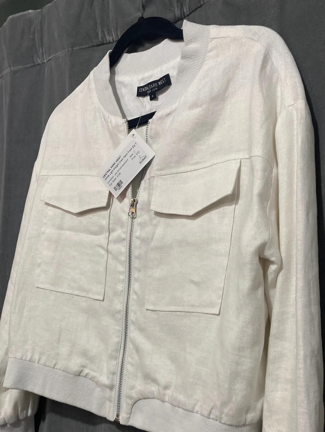 Central Park West White Light Weight Crew Neck Front Zip Two Pocker Bomber Jacket
