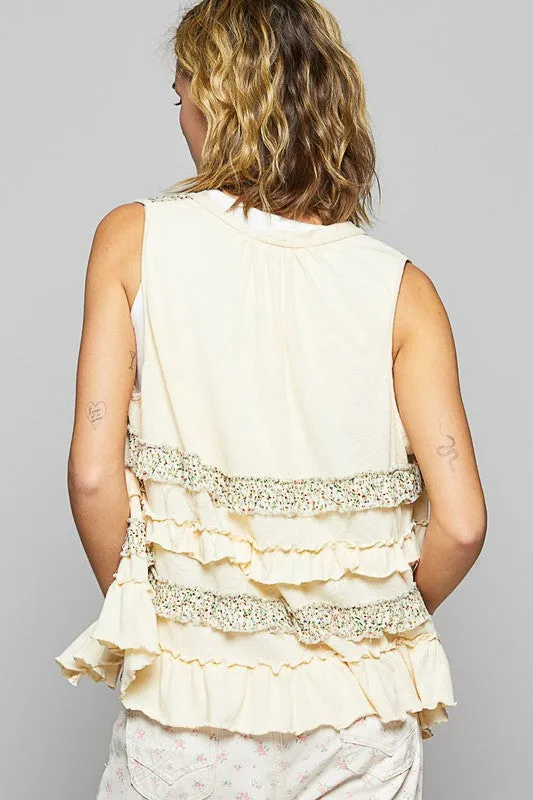 Cream Color Ruffled Open Front Sleeveless Cardigan