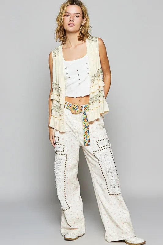 Cream Color Ruffled Open Front Sleeveless Cardigan