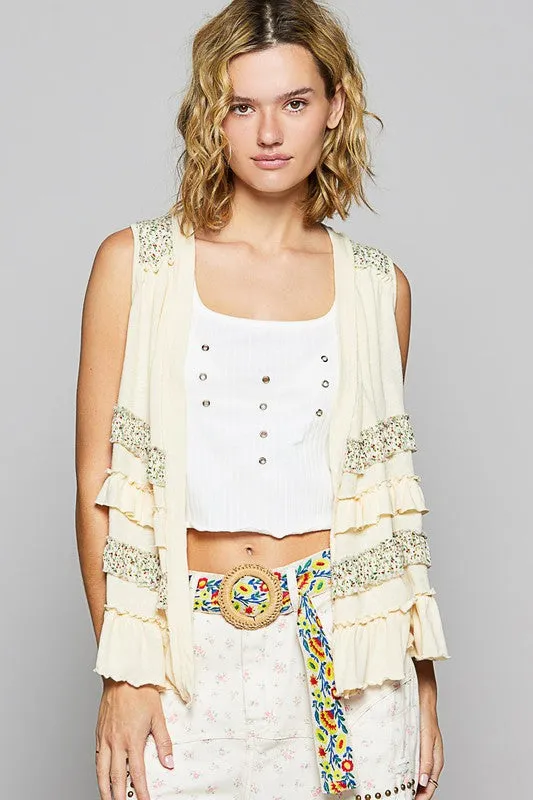 Cream Color Ruffled Open Front Sleeveless Cardigan