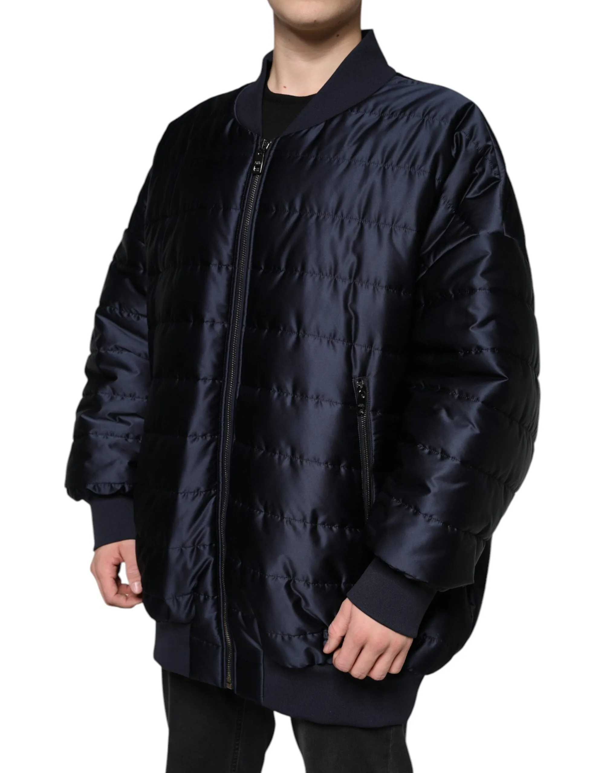 Dolce&Gabbana Men Dark Blue Puffer Jacket Nylon Quilted Full Zip Bomber Sz IT 56