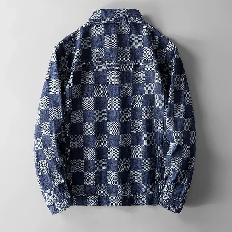 Fashionable checked denim jacket for men