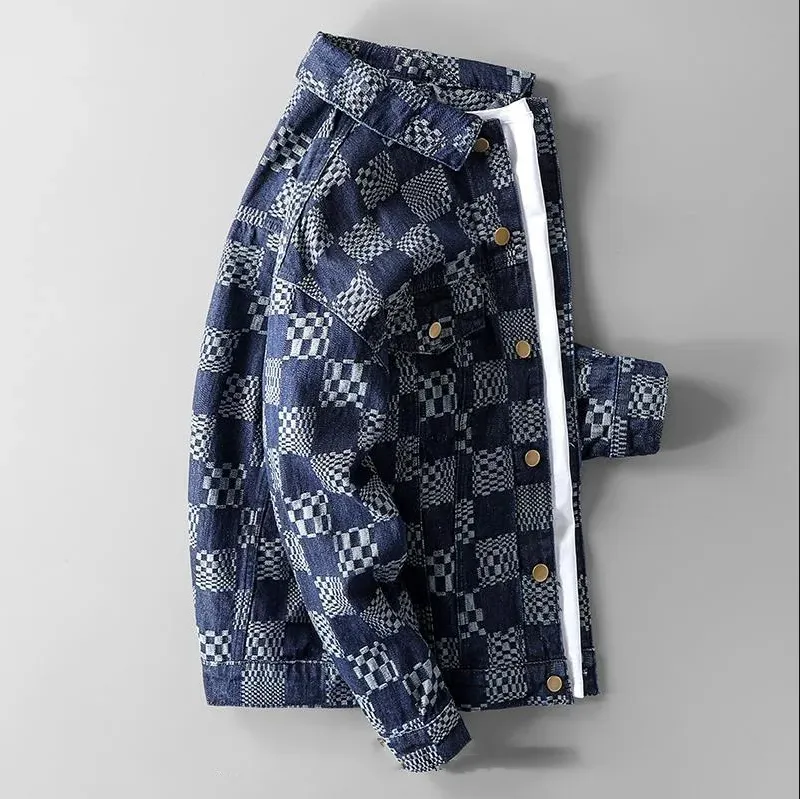 Fashionable checked denim jacket for men