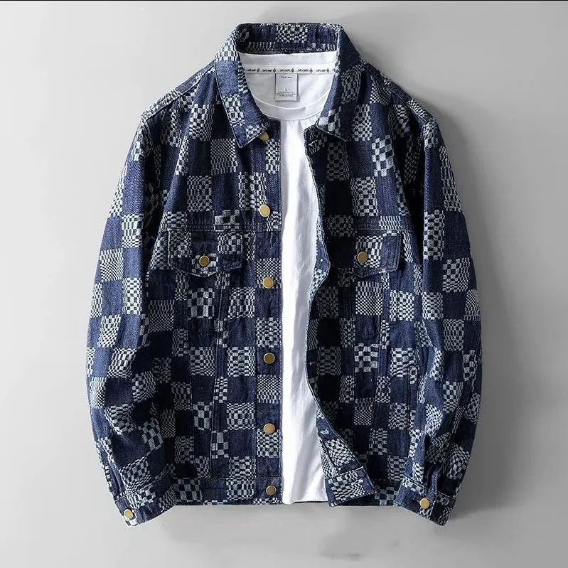 Fashionable checked denim jacket for men