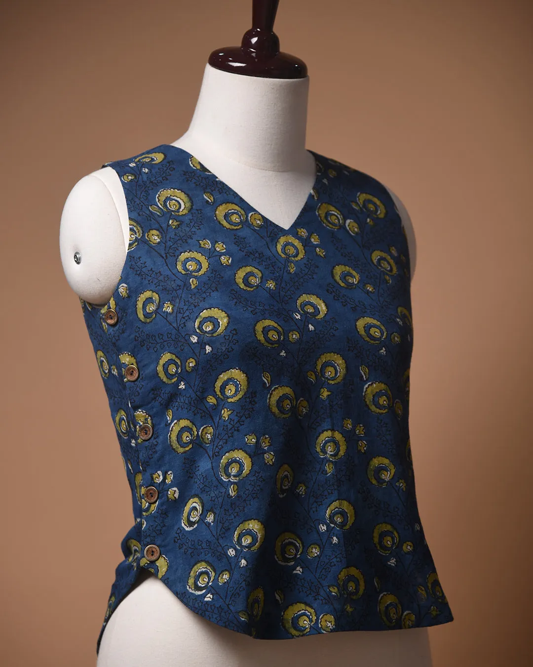Indigo With Green Ready To Wear Hand Block Printed Sleeveless Short Top