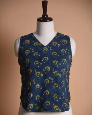 Indigo With Green Ready To Wear Hand Block Printed Sleeveless Short Top