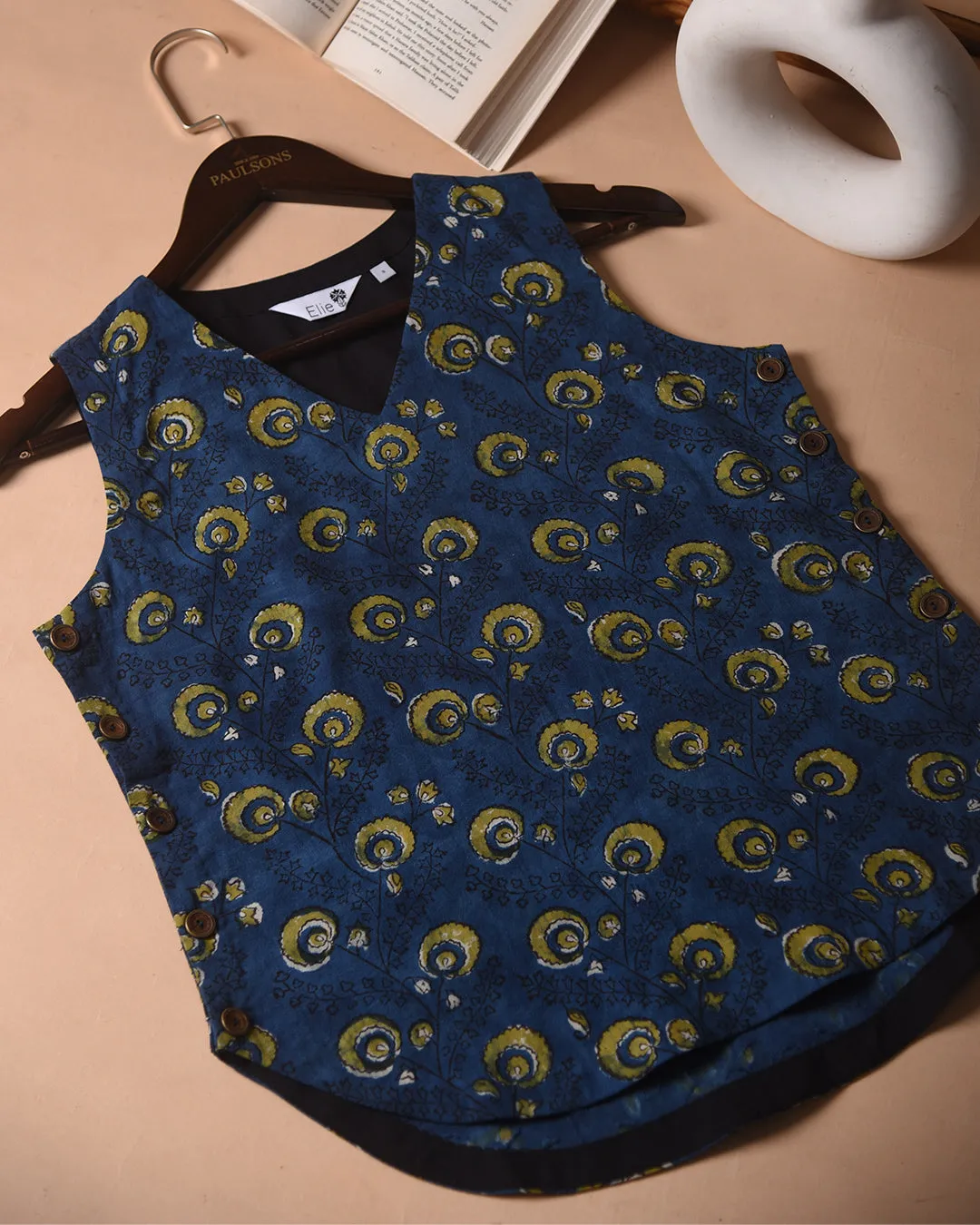 Indigo With Green Ready To Wear Hand Block Printed Sleeveless Short Top