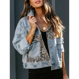 'Lioren' Partial Leopard Print Denim Jacket