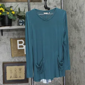 Logo by Lori Goldstein Knit Long Sleeve Colorblock Shirt Top Blue Green XS