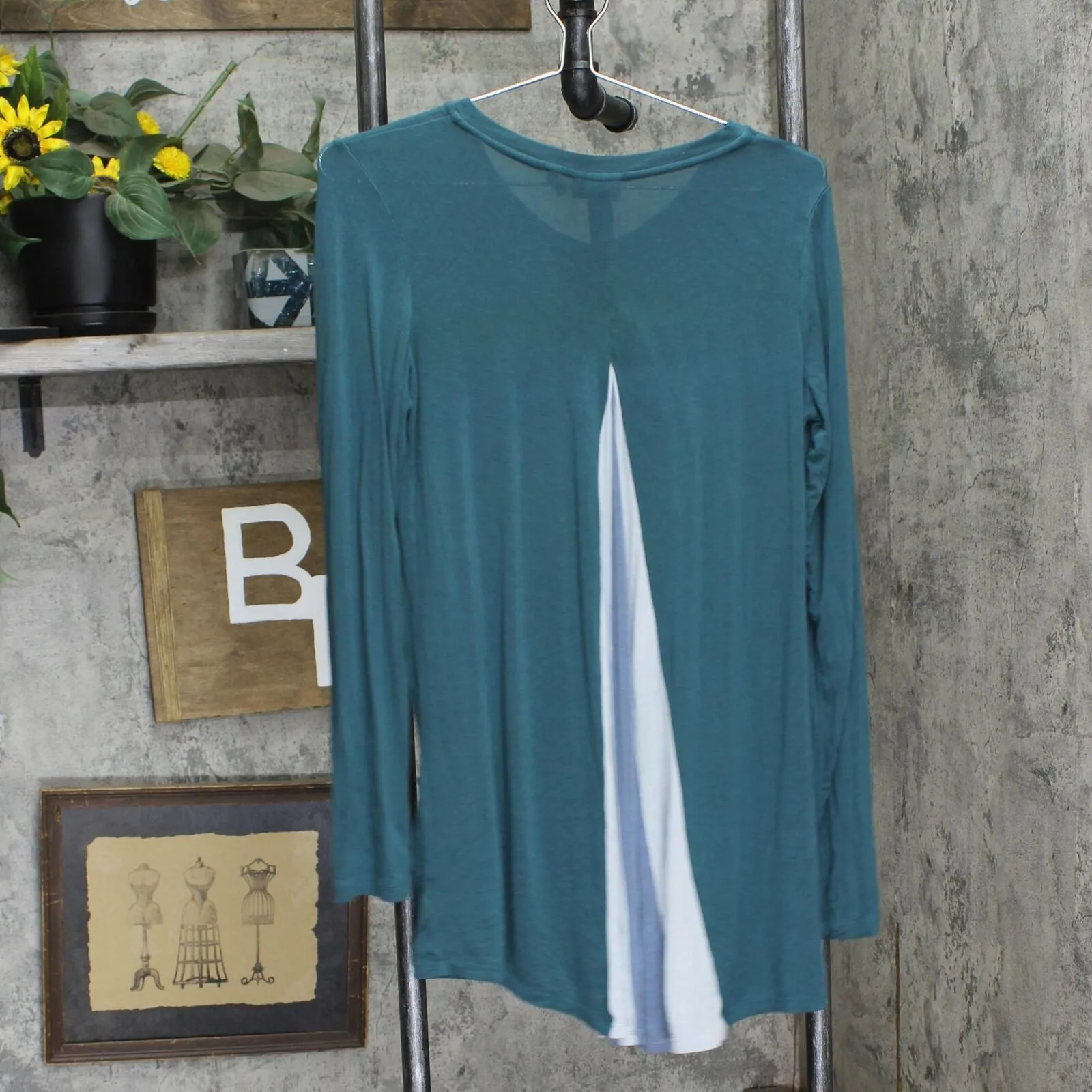 Logo by Lori Goldstein Knit Long Sleeve Colorblock Shirt Top Blue Green XS