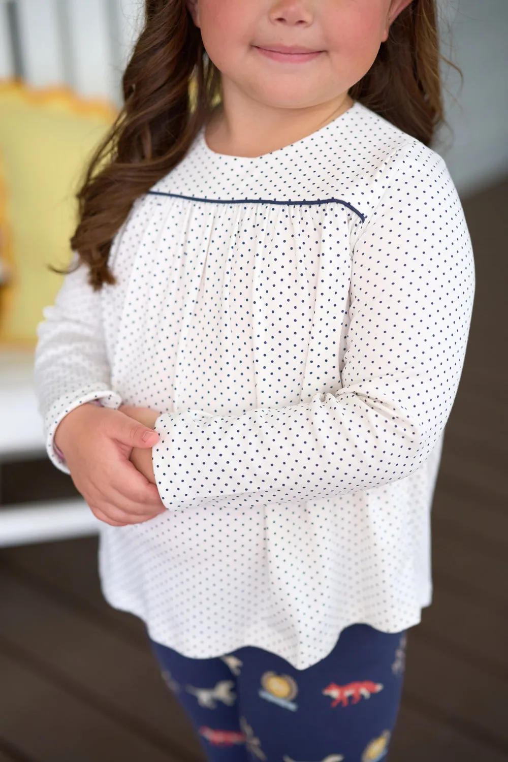 Long Sleeve Dowell Day Top - Palmetto Pearl with Nantucket Navy Micro Dot