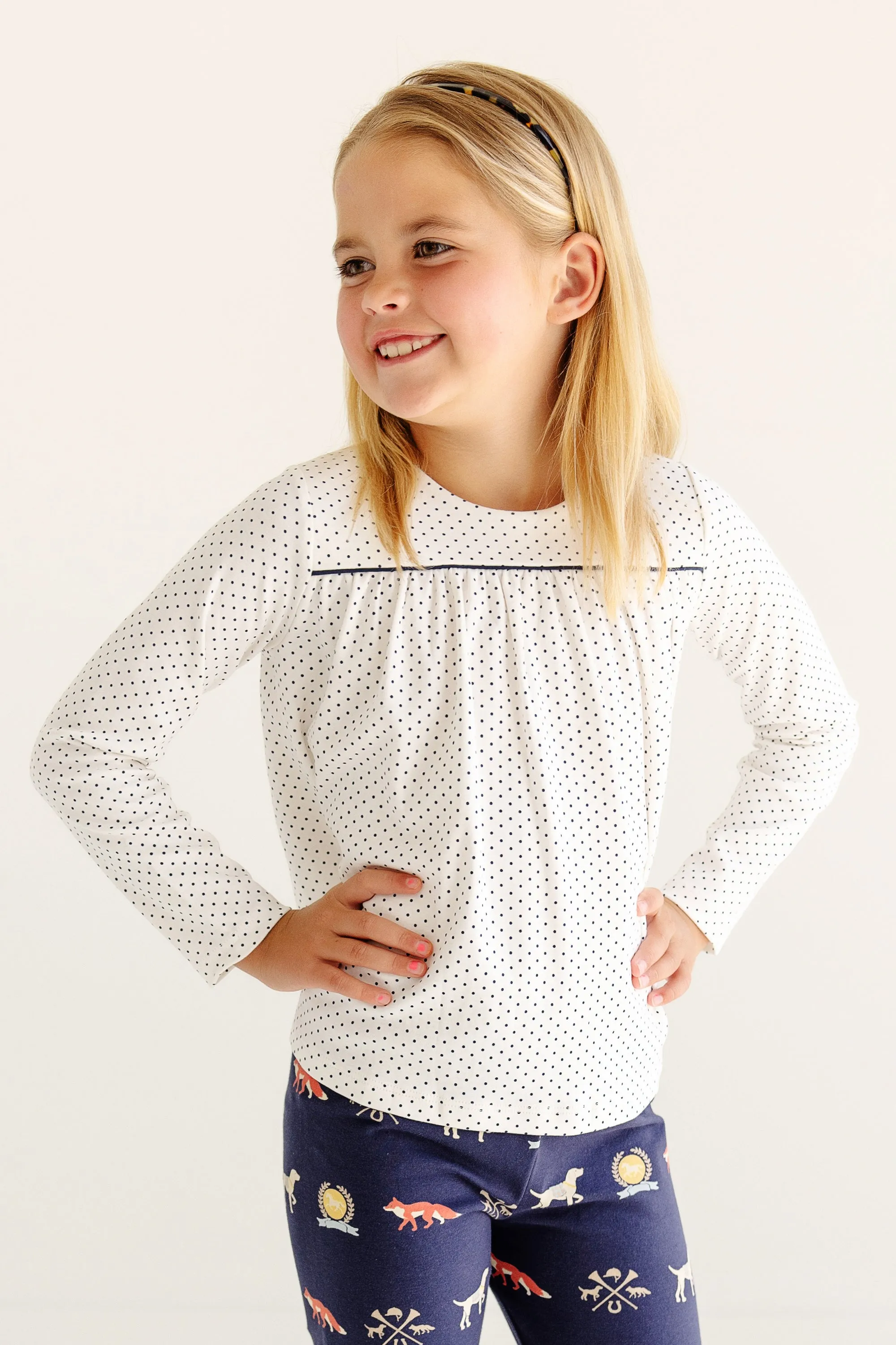 Long Sleeve Dowell Day Top - Palmetto Pearl with Nantucket Navy Micro Dot