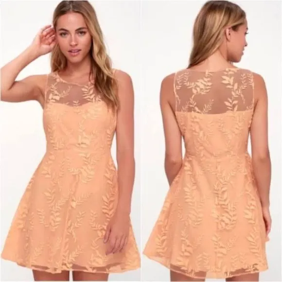 LULU’S PEACH BLOSSOMS LACE OVERLAY FIT &amp; FLARE SLEEVELESS MINI DRESS NWT SZ LG