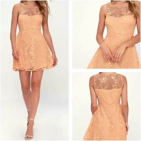 LULU’S PEACH BLOSSOMS LACE OVERLAY FIT &amp; FLARE SLEEVELESS MINI DRESS NWT SZ LG
