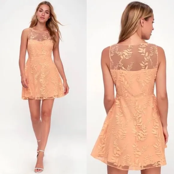 LULU’S PEACH BLOSSOMS LACE OVERLAY FIT &amp; FLARE SLEEVELESS MINI DRESS NWT SZ LG