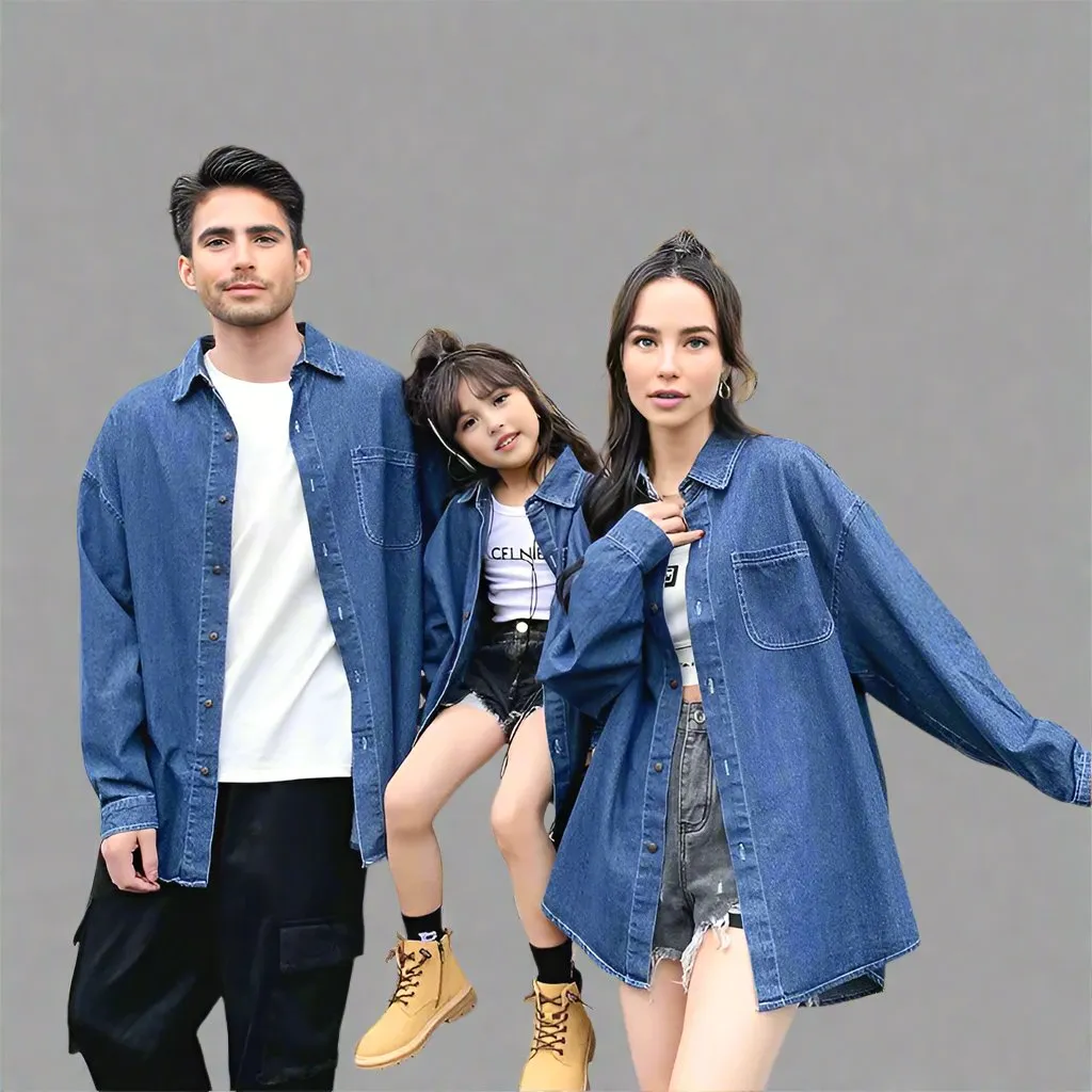 Matching Family Denim Button-Up Shirts  Casual Unisex Jean Jackets for Parents and Kids