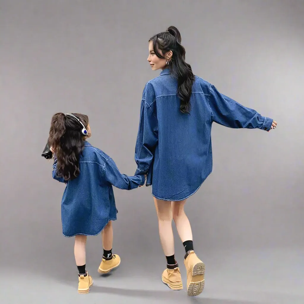 Matching Family Denim Button-Up Shirts  Casual Unisex Jean Jackets for Parents and Kids