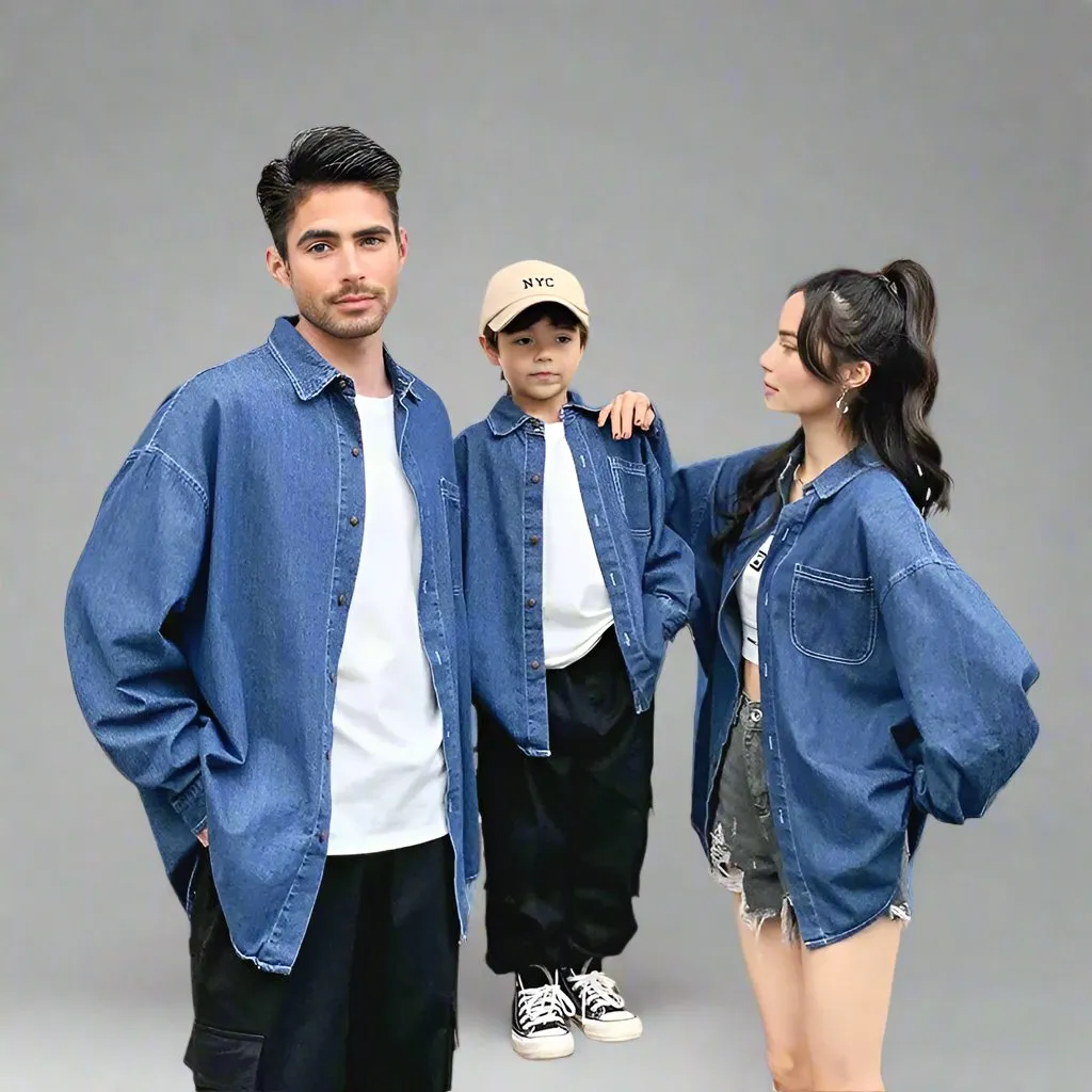Matching Family Denim Button-Up Shirts  Casual Unisex Jean Jackets for Parents and Kids