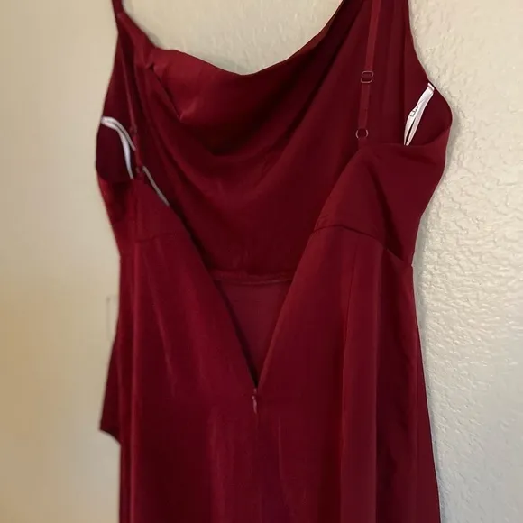 NWOT Unforgettable Love Wine Red Satin Cowl Neck Faux-Wrap Maxi Dress