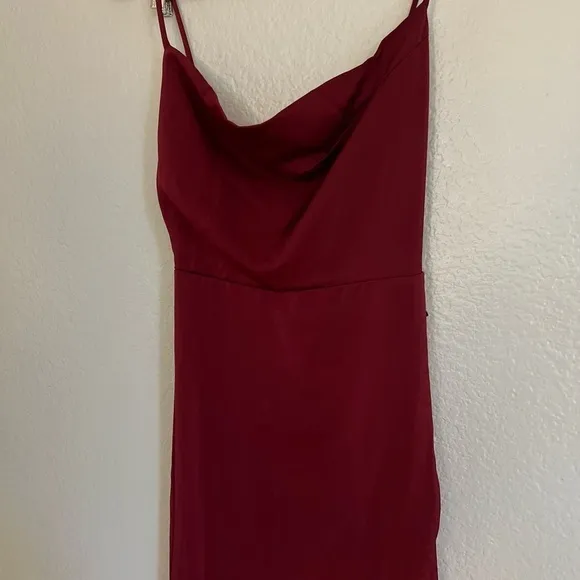 NWOT Unforgettable Love Wine Red Satin Cowl Neck Faux-Wrap Maxi Dress