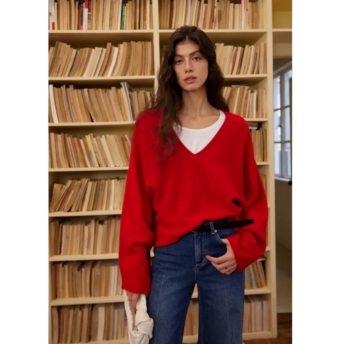 Red Cashmere Wool V-Neck Sweater