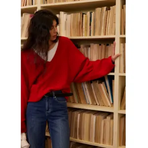 Red Cashmere Wool V-Neck Sweater