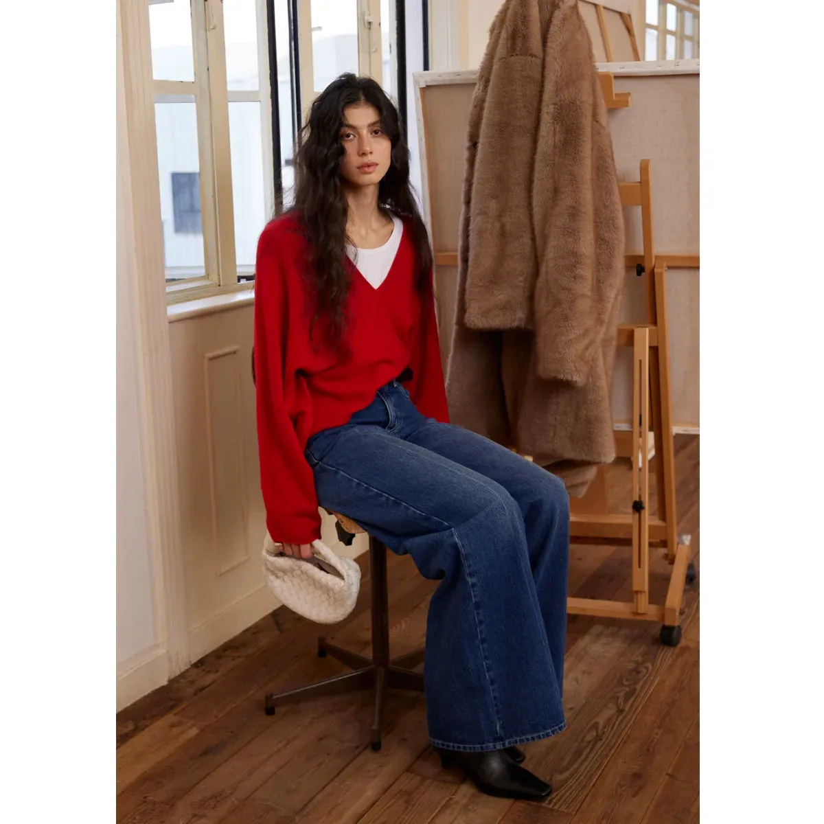Red Cashmere Wool V-Neck Sweater