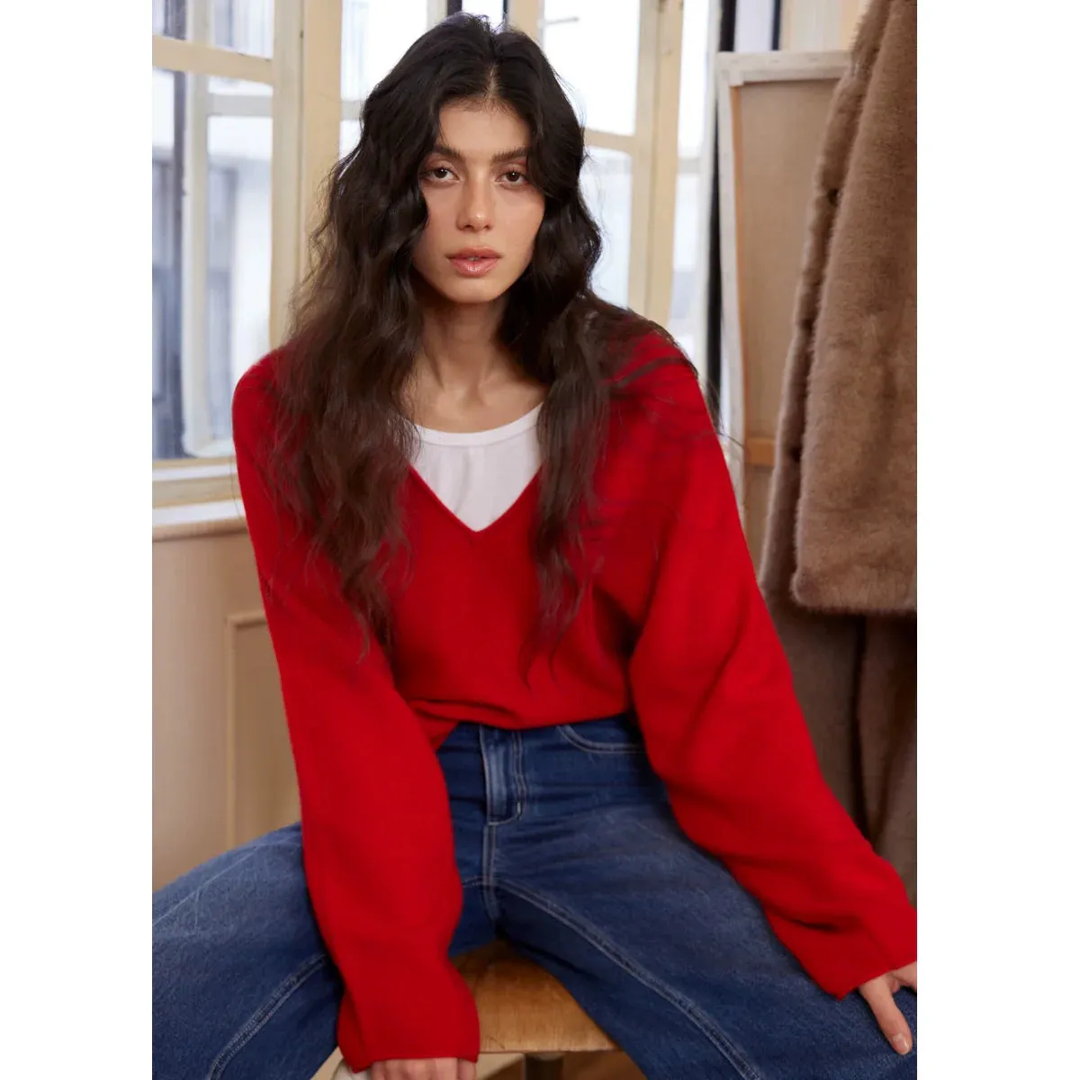 Red Cashmere Wool V-Neck Sweater
