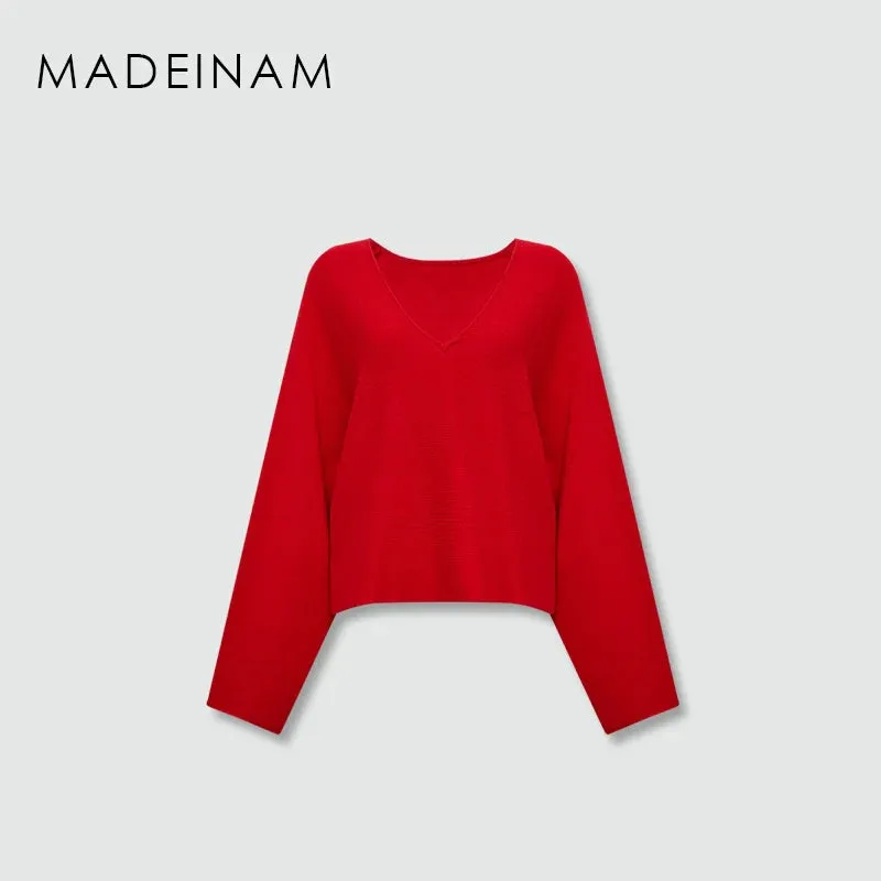 Red Cashmere Wool V-Neck Sweater