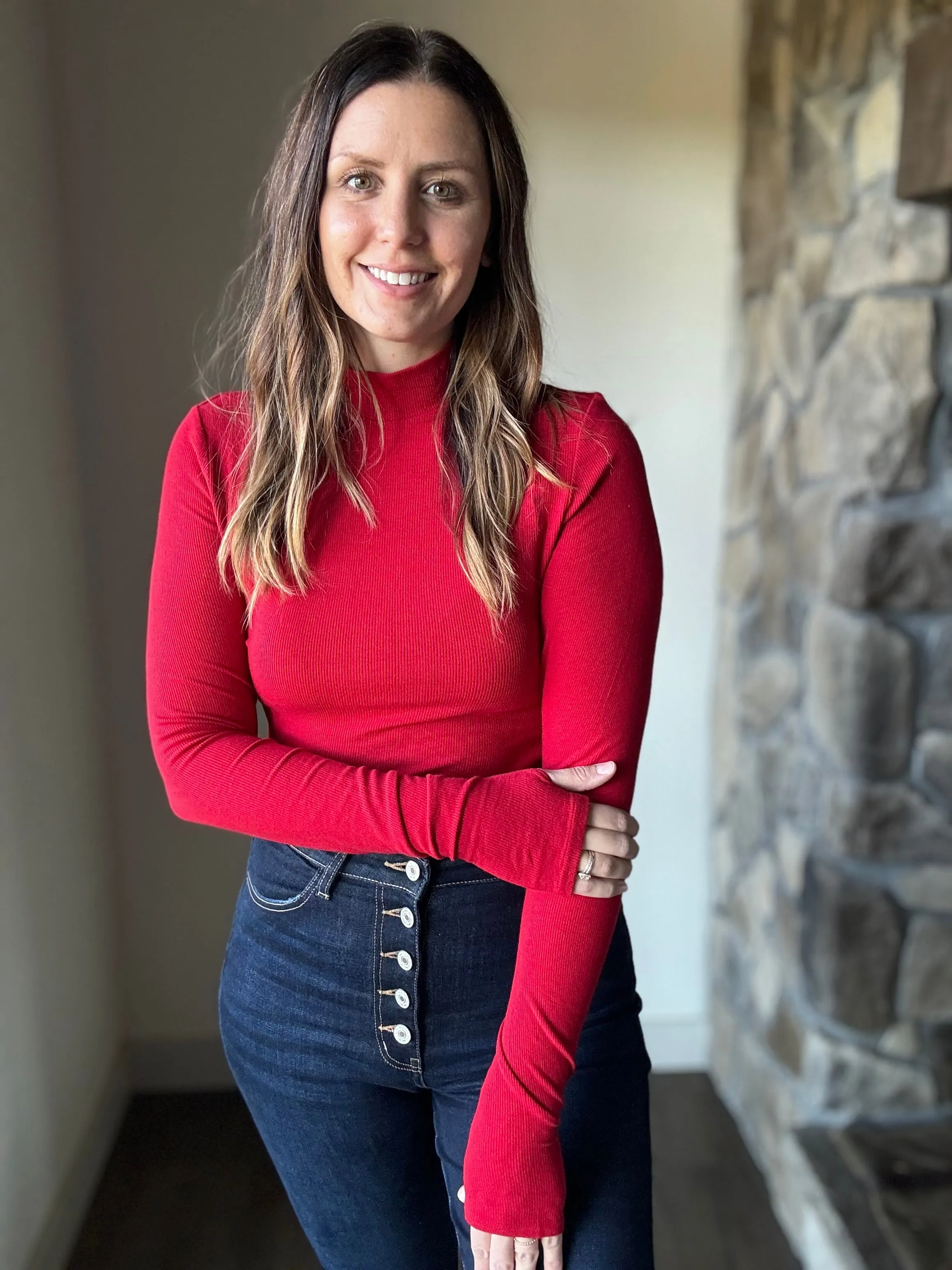 ronan red mock neck top