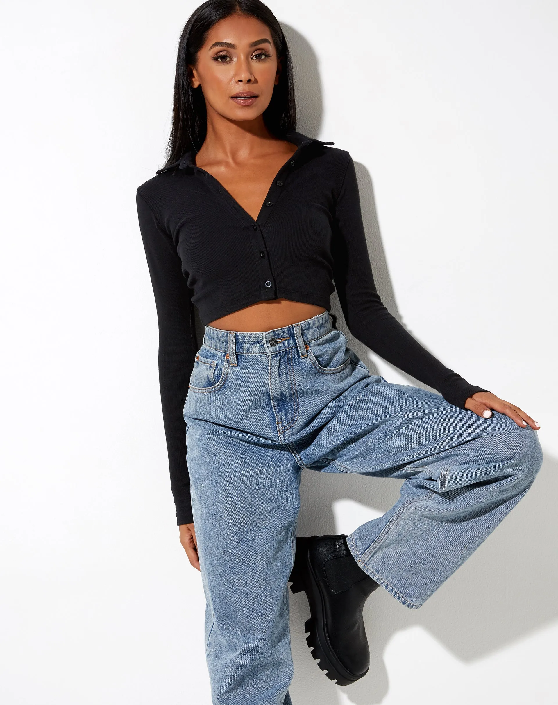 Ryals Long Sleeve Top in Rib Black