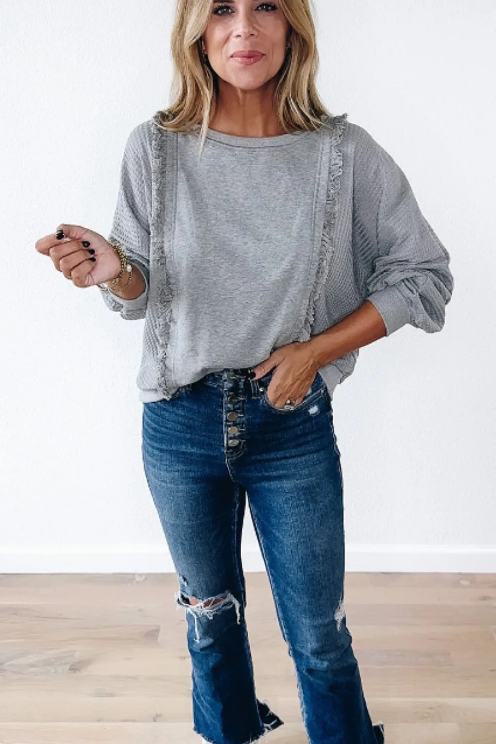 Sarah Raw Hem Round Neck Long Sleeve Sweatshirt