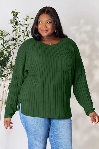 Stevie Basic Bae Full Size Ribbed Round Neck Slit Knit Top