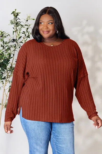 Stevie Basic Bae Full Size Ribbed Round Neck Slit Knit Top